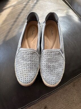 Clarks Gray Perforated Slip-On Flats with Espadrille Trim